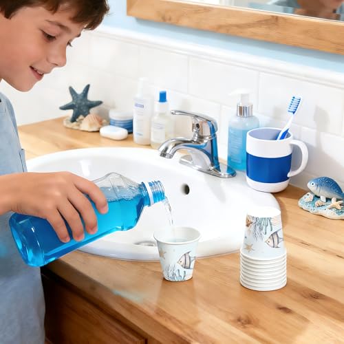 WRAPAHOLIC 3oz Paper Cups - 100 Pack Disposable Bathroom Cups with Undersea Fish Design, Small Mouthwash Cup for Toothbrush Rinse, Home Bathroom, Picnic, BBQ, Travel and Party - color: Blue Seafish