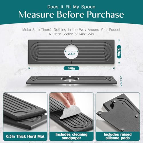 eormoe Diatomite Kitchen Faucet Mat - 14Inch Water Absorbing Stone Tray for Sink, Stone Fast-Drying Faucet Mat for Kitchen Counter Sink Accessories (Dark Grey, 14'' x 3.9'') - color: Dark Gray, size: 14" x 3.9"