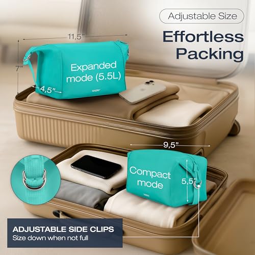 KAZAY Expandable Toiletry Bag with Side Clips for Adjustable Sizing, Premium High-Density Nylon, Open Wide Zipper, Stylish, Water Resistant, Cosmetic Bag, Makeup Bag, Full-Size Bottles, Unisex (Aqua) - color: Aqua