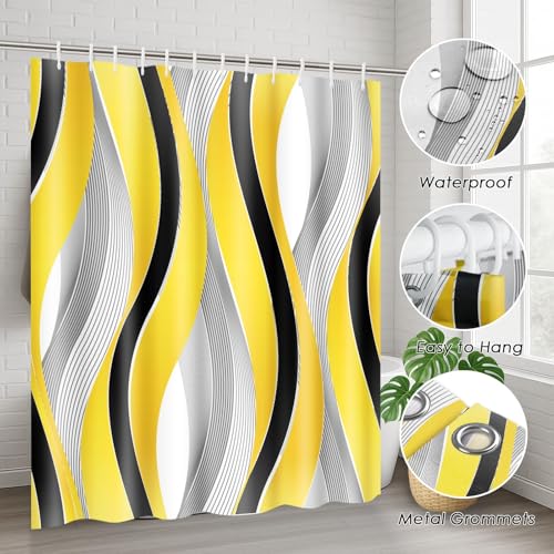 Yellow Striped Shower Curtain Set with Toilet Lid Cover and Non-Slip Rugs for Bathroom, Grey and Black Geometric Lines 4 Pcs Shower Curtain, Modern Yellow Bathroom Set with 12 Hooks - color: Geometric Lines Yellow