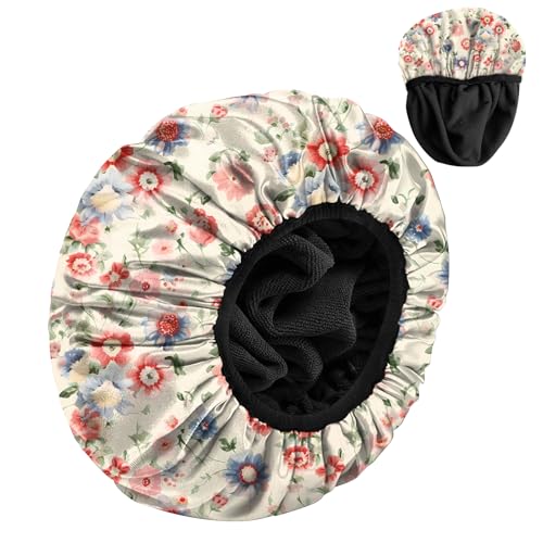 Luxury Shower Cap Terry Cloth Lined EVA Waterproof Reusable Triple Layer Elastic Hair Bath Caps for Women Girls Cute (C12-Pink Blue Floral) - color: C12-Pink Blue Floral