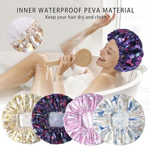 Shower Cap for Women,4 PCS Elastic and Reusable Bath Caps, Double Layers Shower Caps Reusable Waterproof, Bathing Shower Caps, Environmental Bath Hair Protection Cap - Butterfly D - color: Butterfly D