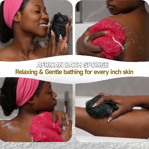 SubSahara Authentic African Net Sponge - 2 Pack Exfoliating Bath & Shower Loofah Sponge for Body & Face, Gentle Scrubber for All Skin Types, Travel, Durable (Black & Pink) - color: Black & Pink