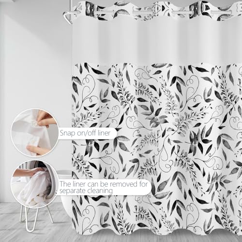 No Hook Shower Curtain with Snap in Fabric Liner Set, Waterproof & Washable, Boho Black and White Leaf Shower Curtains for Bathroom, Modern Farmhouse Rustic Bathroom Curtain, House Gift, 71x74 inch - color: Black and White Leaf