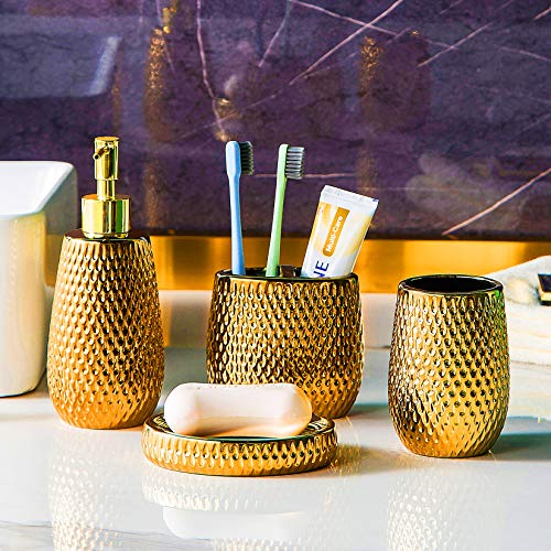 Gold Bathroom Accessory Set 4 Piece Ceramic Bath Accessories Sets Complete, Rain- Drop Shaped Bathroom Essential with Toothbrush Holder & Dish, Tumbler, Soap Dispenser Set for Bath Decor - color: Gold01