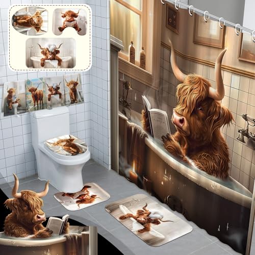 FuWeave 8 Pcs Highland Cattle Shower Curtain Sets for Bathroom Funny Highland Cattle Shower Curtain Sets with Rugs and Cow Towels, Include Non-Slip Rug, Toilet Lid Cover, Bath Mat and 12 Hooks - color: Highland Cattle