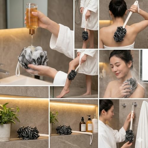 Back Scrubber for Shower, Loofah Long Handle Bath Body Brush, Soft Nylon Mesh Sponge On a Stick for Shower Men Women Kids Elderly, Exfoliating Scrub Cleaning Luffa for All Kinds of Skin(Black) - color: Black