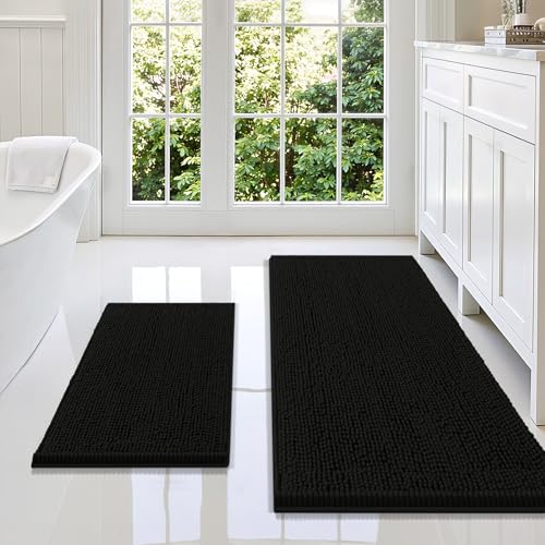 Smiry Bathroom Rugs Sets 2 Piece, Soft Absorbent Chenille Machine Washable Non Slip Shaggy Bath Rug Set for Tub, Shower, and Floor (47x20+24x16, Black) - color: Black, size: 47"x20"+24"x16"