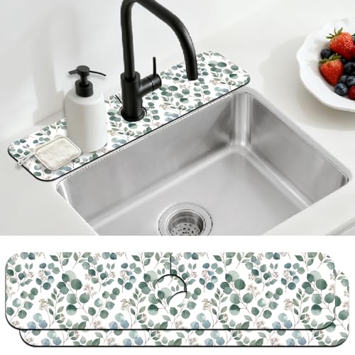 2 Pcs Kitchen Sink Splash Guard Faucet Mat Green Leaves Pattern Faucet Mat for Sinks Eucalyptus Leaves Absorbing Drying Mats for Kitchen Bathroom, 23.6x5.5inch - color: Green Leaves Pattern