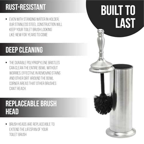 Splash Home Buena Stainless Steel Toilet Brush with Holder, Bowl Scrubber with Durable Cleaning Bristles, Hidden Brush with Splash Protective Disc Design - Chrome - color: Chrome