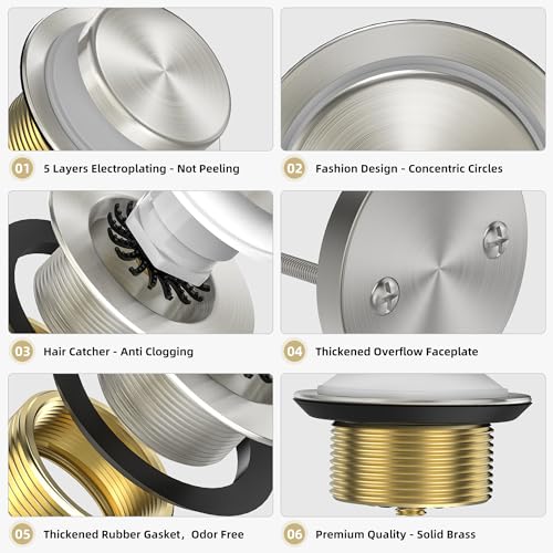 Brushed Nickel Tub Drain Kit with Hair Catcher, Premium Brass Tip-Toe Bathroom Tub Drain Replacement and 2-Hole Overflow Faceplate, 11.5/16 UNC Bathtub Drain Stopper Assembly - color: Brushed Nickel
