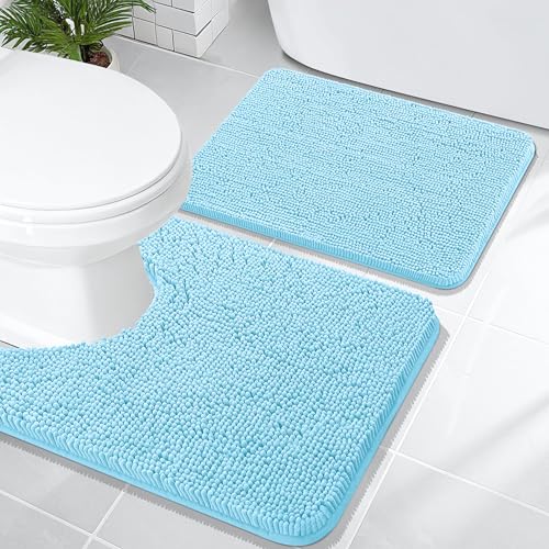 OLANLY Bathroom Rugs Sets 2 Piece, Soft Absorbent Chenille Bath Mats and U-Shaped Contour Toilet Mat Area Rug Set, Machine Washable Bath Carpet, Home Decor Accessories(24"x16"+24"x20", Sky Blue) - color: Sky Blue, size: 24" X 16" + U24" X 20"