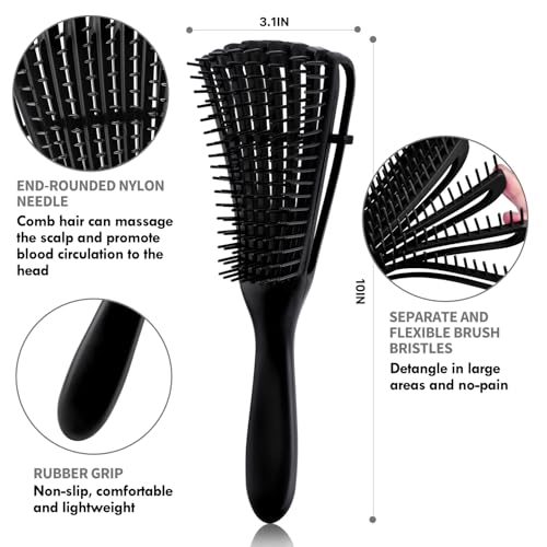 4pcs Curly Hair Brush Set for Adult & Kids Wet or Dry, Detangling Brush for 3/4ABC Hair with Detangler Spray Bottle & Wide Tooth Comb (3+1, Black) - color: Black, size: 3+1