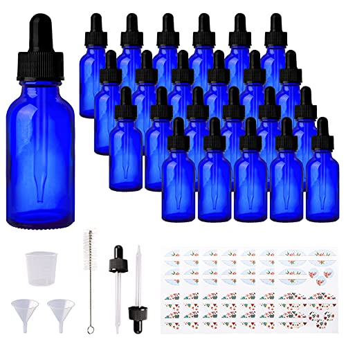 24 Pack 1oz Cobalt Blue Glass Bottles with Glass Eye Droppers for Essential Oils, Perfumes & Lab Chemicals (Brush, Funnels, 2 Extra Droppers, 36 Pieces Labels & 30ml Measuring Cup Included) - color: Cobalt Blue