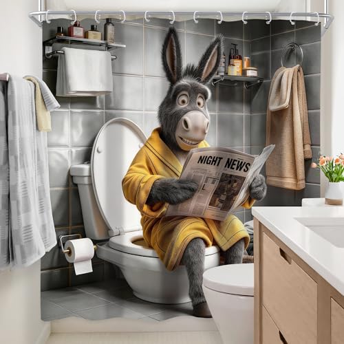 Newsely Funny Donkey Shower Curtain 72Wx72L Inch Grey Animal Masculine Wildlife Sitting On The Toilet Reading Newspaper Bathroom Set Modern Kids Boys Waterproof Bath Decoration Accessories Home Decor - color: R-donkey, size: 72"W x 72"L (Pack of 1)
