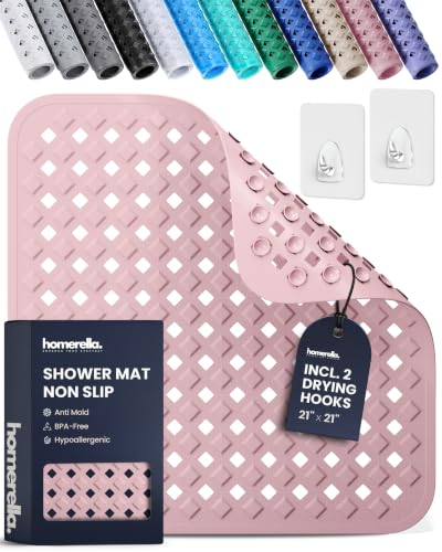 homerella® Shower Mat Non Slip Anti Mold, Non Slip Shower Mats for Inside Shower Stall Anti Slip Mat, Square Shower Floor Mat 21 x 21 in with Suction Cups & Hooks for Quick Drying, Machine Washable - color: Rose