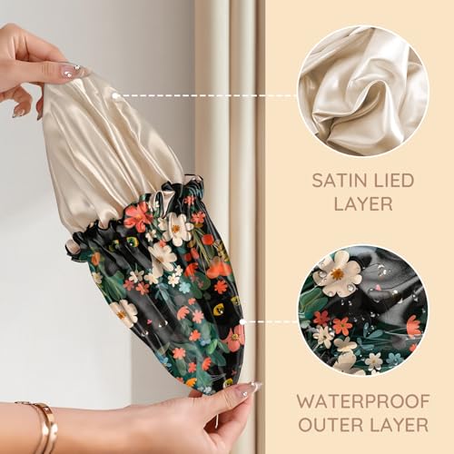 Luxury Shower Cap Adjustable Reusable Double Waterproof Layer Elastic Satin Lined Hair Bath Cap Cute Aesthetic Women Girls (K3-Cat Flower) - color: K3-Cat Flower