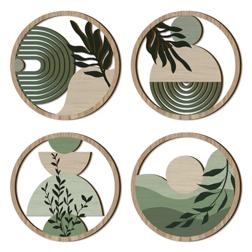 TOARTi 4 Pieces Green Botanical Wooden Wall Art Bohemian Hanging Art Farmhouse Geometric Wooden Wall Decor Aesthetic Tropical Plant Artwork Boho Minimalist Wall Decor for Bedroom Living Room - color: Boho Wooden Wall Art 2