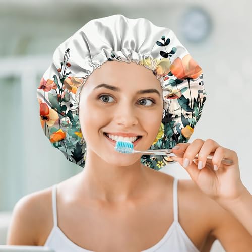 Luxury Shower Cap Silk Satin Lined Waterproof Reusable Adjustable Elastic Dry Hair Bathing Caps Cute for Women Girls-Floral Leaf - color: C-3-Floral Leaf