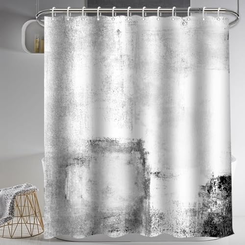 Lnond 4Pcs Bathroom Shower Curtain Sets with Rugs,White Black Painting Art Bathroom Sets with Shower Curtain and Rugs and Accessories - color: Grey White Black Abstract-01