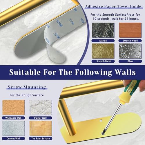 Paper Towel Holder, Self Adhesive or Drilling Paper Towel Holder Under Cabinet, Stainless Steel Paper Towel Holders Wall Mount for Kitchen, Bathroom, Sink, Pantry, Fridge (Gold) - color: Gold