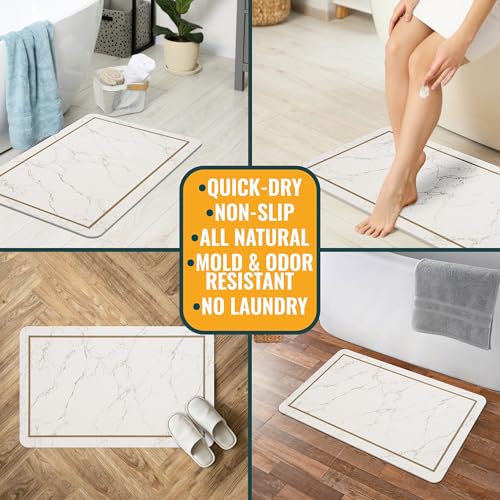 Stone Bath Mat – Super Absorbent Diatomaceous Earth Bath Mat, Quick-Drying Stone Bath Mats for Bathroom, Easy to Clean Bathroom Mat Quick Dry, 24 x 16 inch, White Modern Marble