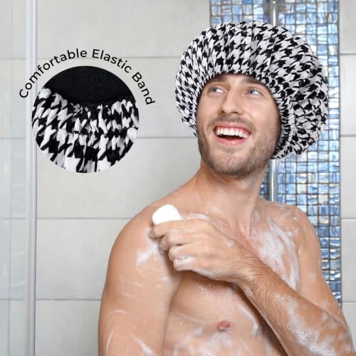Shower Cap for Men Black Bath Cap, Reversible Terry Lined Large Waterproof Adjustable Shower Caps Elastic Band Stretch Hem Hair Hat for braids - color: Black Houndstooth