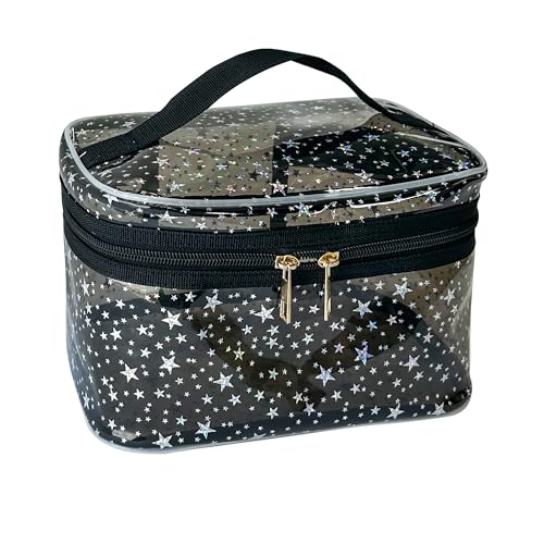 Star Print Black PVC Makeup Bag with Handle - 8.66 * 5.51 * 5.51 inch,Clear Storage Bag Toiletry Pocket Portable Zippered Pouch Waterproof Cosmetic Organizer Bags for Women(Black-L) - color: Black-L