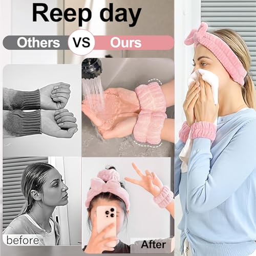 3-Piece Face Washing Set for Women – Coral Fleece Spa Headband & Wristbands Set, Absorbent Makeup Headband and Wrist Cuffs for Skincare, Facial Cleansing, Shower, and Beauty Routine-Pink