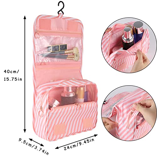 Pengxiaomei Hanging Toiletry Bag, Pink Striped Waterproof Cosmetic Bag Portable Makeup Pouch Pink Stripe Travel Bag with Handle for Kids Teen Girls Tea Party - color: Pink