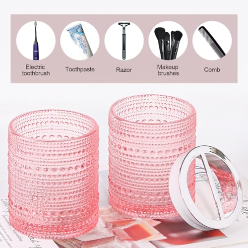 Pink Toothbrush Holders for Bathrooms, Glass Toothbrush Holder with 2 Slot Divider, 10oz Bathroom Tumbler and Mouthwash Cup, Tooth Brush Holder for Brushes, Toothpaste - color: Pink