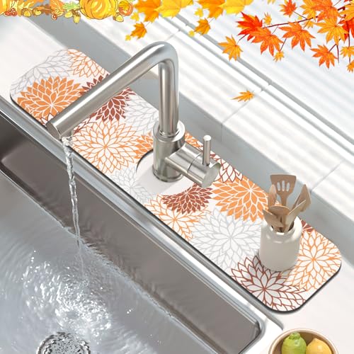 Findosom 2PCS 17" x 32" Fall Dish Drying Mat & 24" x 5.5" Sink Splash Guard, Super Absorbent & Cuttable Dish Mat Drying Kitchen Mat with Orange Floral, Hide Stain Drying Mat for Kitchen Counter - color: Orange, size: 17" X 32" + 24" X 5.5"
