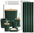 Bathroom Accessory Set 7 Pcs, Plastic Bathroom Set with Bamboo Cover Include Soap Dish, Toothbrush Holder, Mousewash Cup, Shower Curtain Set, Soap Dispenser, Trash Can & Toilet Brush - color: Dark Green, size: 7pack