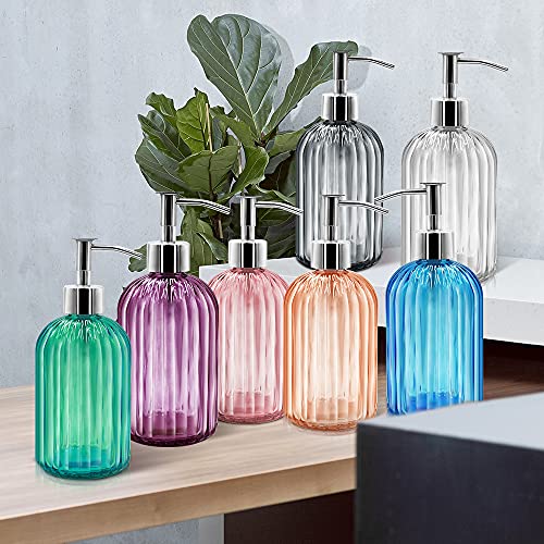 2 Pack Pink Glass Soap Dispenser Bottle with Pump, 14 Oz Refillable Liquid Hand Jar Dispenser for Bathroom, Countertop, Kitchen, Laundry Room - color: Pink