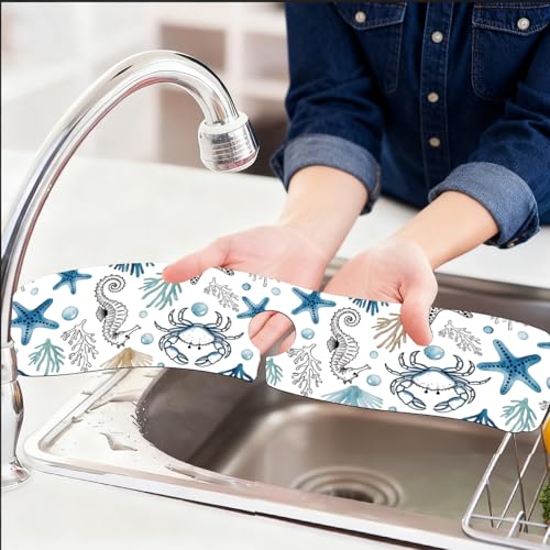 2 Pcs Summer Kitchen Sink Splash Guard Faucet Mat Marine Animals Faucet Mat for Sinks Absorbing Drying Mats for Kitchen Bathroom, 23.6x5.5inch - color: Marine Animals