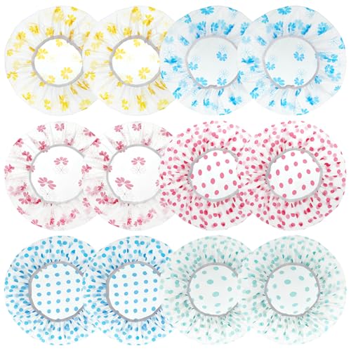 12 PCS Plastic Shower Cap Reusable Waterproof Reusable Shower Cap Elastic Showercap for Travel, Bath, Bathtub Bath, Women, Men, 6 Types