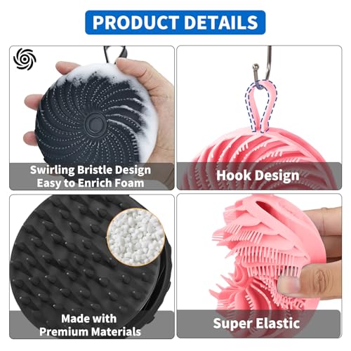 2 Pcs Larger Silicone Body Scrubber&Scalp Massager Hair Growth,Dual Sided Dual-Use,Exfoliating Body Scrubber,Wet&Dry Brush for Hair Massager Scalp,Silicone Shower Scrubber (Black and Pink) - color: Black and Pink