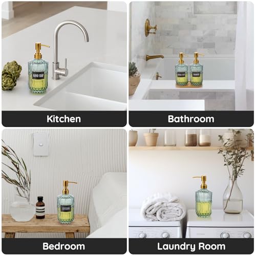 Segbeauty 15.2oz Glass Shampoo and Conditioner Dispenser with Label Stickers, 2pcs Green Glass Soap Dispensers with Stainless Steel Pump, 450ml Lotion Pump Bottle Liquid Containers for Cream Body Wash - color: Green Gold, size: 15.2oz/450ml