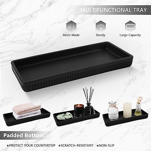 XLHOMO Resin Matte Black Bathroom Accessories Set 5 Pcs, Lotion Soap Dispenser, Toothbrush Holder, Bathroom Tumbler, Qtip Holder and Vanity Tray, Bathroom Countertop Organizer Set for Home Apartment - color: Black, size: Resin Bath Set