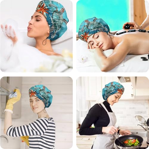 2 PCS Shower Cap Reusable Waterproof Double Layers Hair Caps Shower Bath Adjustable Elastic Hat for Women Girls Cute Aesthetic-Beach Sea Turtle - color: AI19-Beach Sea Turtle
