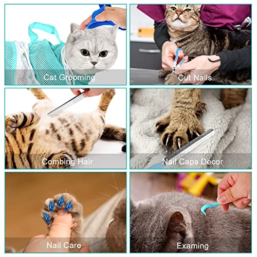 JULMELON 10 PCS Cat Washing Bag for Bath Shower Adjustable Net Grooming Set | Pet Brush Nail Clipper File, Hair Combs Tick Tool, Nail Caps, Bathing Trimming Examination, Grey and Green - color: Grey+Green
