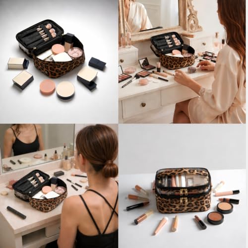 Double-layer Cosmetic Bag Makeup Bag Travel Makeup Bag Makeup Bags for Women Cosmetics Cases Portable Waterproof Foldable (Leopard) - color: 00-Brown