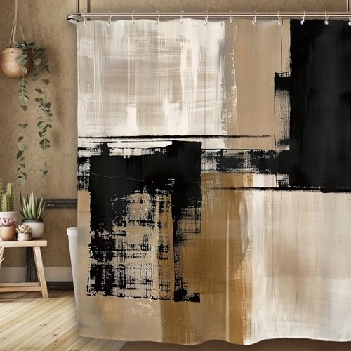 Miyotaa Abstract Minimalist Modern Shower Curtain Set 60Wx71H Inches Black Tan Neutral Contemporary Brushstroke Art Waterproof Bathroom Curtain with 12 Hooks - color: Black Tan, size: 60"W x 71"L (Pack of 1)