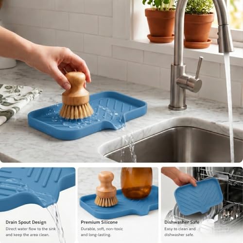 MicoYang Silicone Soap Dish with Drain Spout — Self-Draining Sink Organizer Tray for Bathroom & Kitchen, Sponges, Dispensers & Soap Holder, Non-Slip & Dishwasher Safe, Lichen Blue (Medium, 9.6"×5.3") - color: Lichen Blue, size: M(9.6"×5.3")