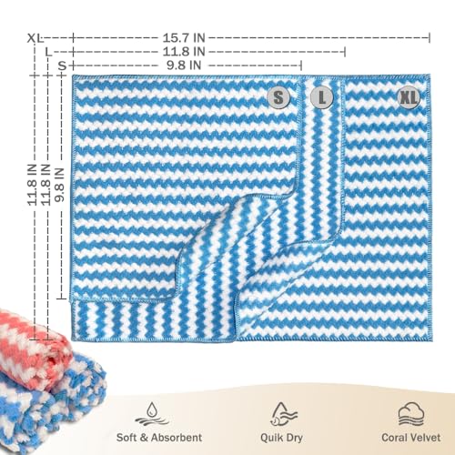 Dish Towels, Coral Velvet Microfiber Cleaning Cloths, Super Absorbent & Fast Drying, Reusable Lint Free Dishcloths for Kitchen, Washing Dishes (12, X Large Blue) - color: X Large Blue