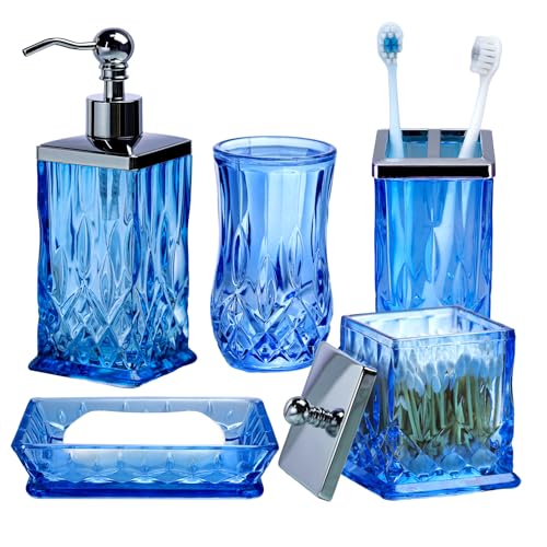 Bathroom Accessories Set,5 Pcs Blue Glass Bathroom Accessory Set,Complete Lotion Soap Dispenser, Toothbrush Holder,Soap Dish,Tumbler & Jar,Modern Bathroom Decor Sets Gift,Square - style: Square(Blue)