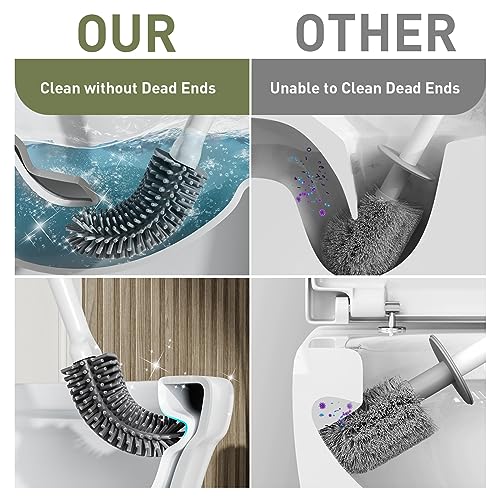 Deep Cleaner Toilet Brush: Silicone Toilet Brush with No-Slip Long Plastic Handle and Flexible Bristles, Quick Drying Holder Set for Toilet（White）