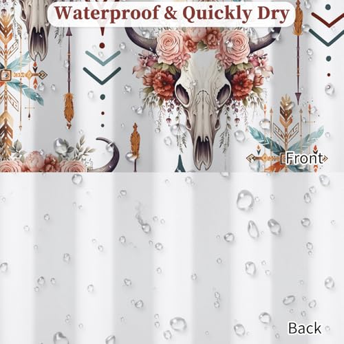 Fabric Shower Curtain with Hooks, Waterproof & Washable Polyester, Boho Western Aztec Cow Bull Skull Floral Shower Curtains for Bathroom, Retro Farmhouse Rustic Bathroom Curtain, 71x74 Inch - color: Boho Bull Skull