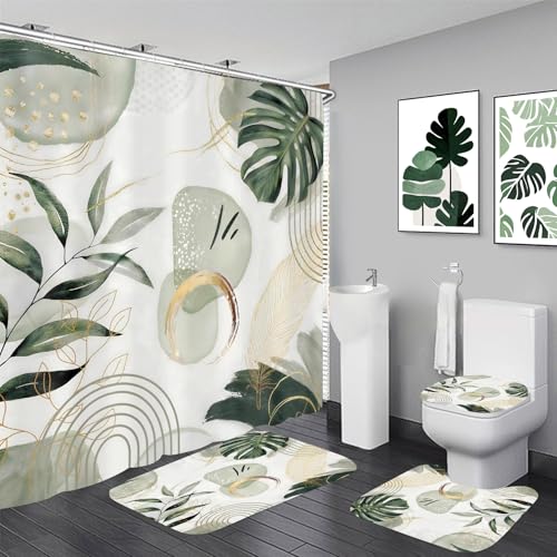 LQCOOL 4Pcs Green Shower Curtain Set, Modern Boho Bathroom Sets, Modern Luxury Bathroom Sets with Shower Curtain and Rugs, Shower Curtain with 12 Hooks - color: Green Leaf