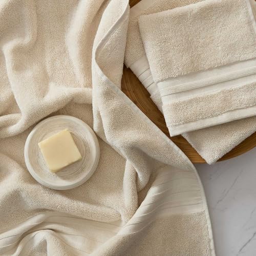 Martha Stewart - Bath Towels, Soft & Absorbent 100% Cotton Towels, Plush 700 GSM, 6-Piece Bathroom Towel Set with Textured Dobby Weave (Skyland Manor Beige) - color: Skyland Manor Beige